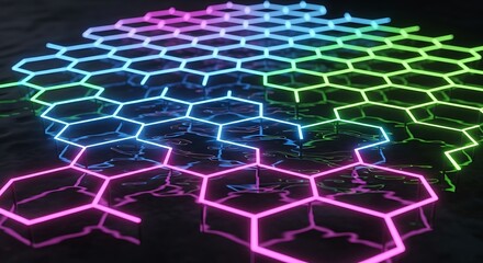 Obraz premium Neon hexagonal grid pattern glowing with vibrant colors on black background creating futuristic ambiance atmosphere
