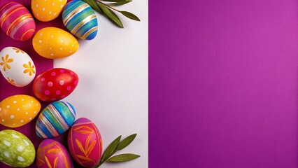 Decorated Easter eggs and green leaves in flat lay photography style, vibrant multicolored shades on a purple and white backdrop, spring holiday greeting and marketing banner with copy space