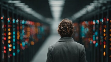 Man walks through a high tech server room, exploring the future of big data and cloud computing in this modern data center with powerful servers
