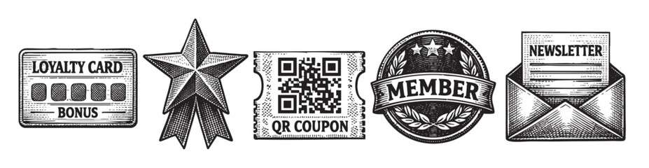 Obraz premium A collection of five hand-drawn graphic elements including a loyalty card, a star, a QR code coupon, a member stamp, and a newsletter in an envelope.