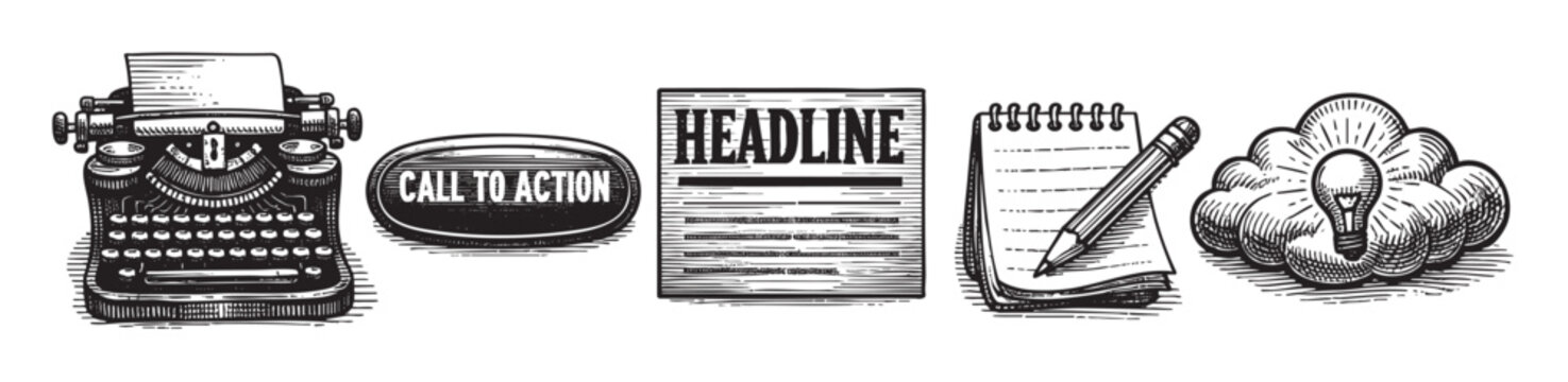 A vintage-style black and white illustration set showcasing a typewriter, call to action button, headline graphic, notepad with pencil, and a light bulb idea concept.