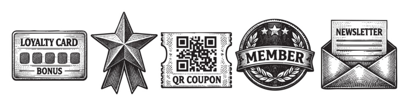 A collection of five hand-drawn graphic elements including a loyalty card, a star, a QR code coupon, a member stamp, and a newsletter in an envelope.