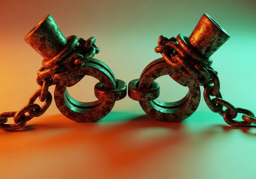 Rusted shackles and heavy links constraining the limbs, symbolizing oppression, involuntary servitude, and the difficult history of human bondage, forced, rough, worn