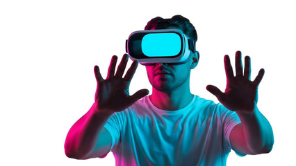 Man experiencing virtual reality with VR headset and raised hands