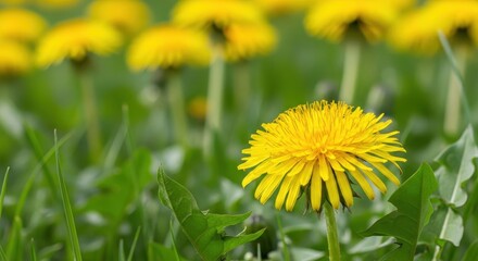 Vibrant yellow dandelion flowers emerging from lush green meadow grass, captured during the height of spring bloom under bright daylight, weed, fresh, dandelions