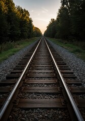 Fototapeta premium Weathered wooden railway ties and steel rails stretching into the horizon, symbolizing a long, unnoticed journey and sturdy foundations, track, worn, history