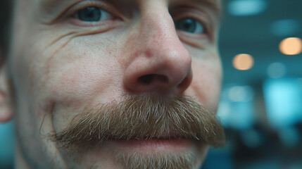 Close-up portrait of a man with moustache, natural skin texture, calm gaze, soft light, urban background bokeh.
