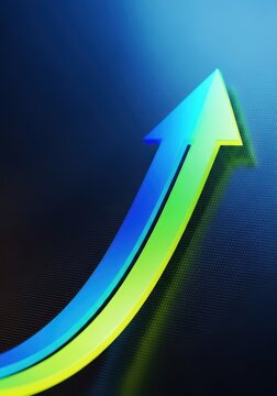 A bright upward trajectory arrow on a digital display highlights the crucial market indicator, representing economic predictions and directional change, planning, market, metric