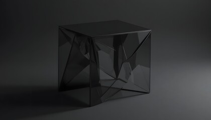 Stunning black glass cube with geometric facets on dark background