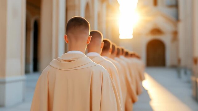 Group of catholic priests walking in line in cloister at sunset
