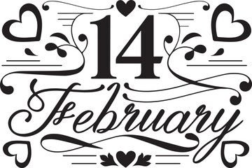 Elegant black and white typography for february 14th, decorated with hearts and ornate swirls