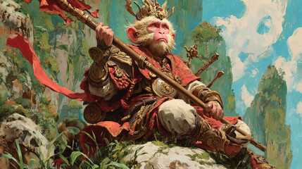 Naklejka premium Colorful monkey character in ornate armor, holding a staff, sits on a rocky outcrop surrounded by lush greenery and vibrant skies, embodying strength and wisdom in a fantasy setting