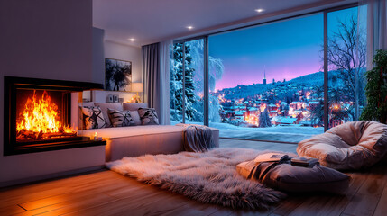 Fototapeta premium warm and cozy modern interior with fireplace and snowy view, elegant winter living room with fireplace and snow outside, cozy modern home interior with fireplace and snowy landscape