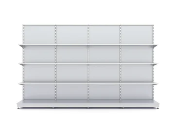 Tableau sur plexiglas Gondoles Metal gondola display shelves for supermarket or retail store product showcases. Industrial and minimalist design, 3D rendering.  © P24_Design