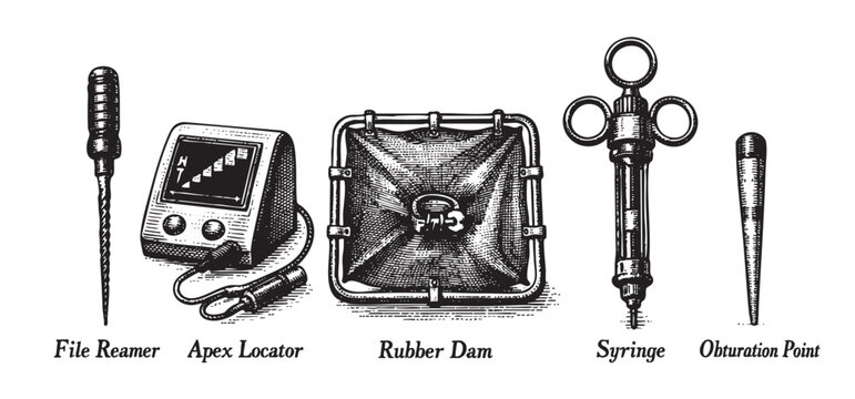 A detailed collection of vintage-style dental instruments, including a file reamer, apex locator, rubber dam, syringe, and obturation point, presented in an engraving aesthetic on a white background.
