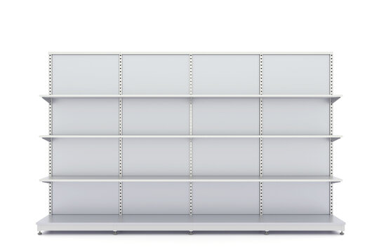 Metal gondola display shelves for supermarket or retail store product showcases. Industrial and minimalist design, 3D rendering.