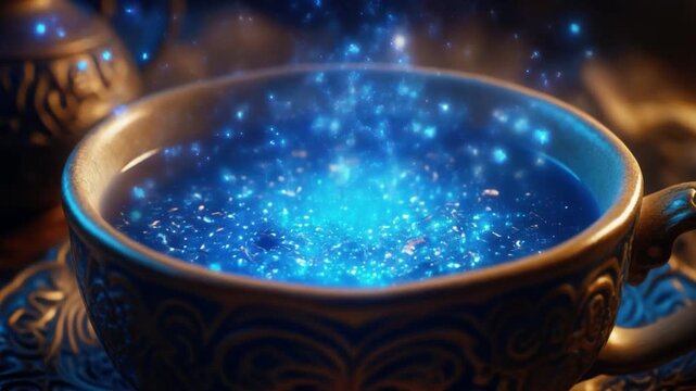 Fantasy glowing blue tea in an ancient ceramic cup with magical floating sparkles, cinematic 4K.