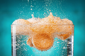 Chemical reaction of effervescent pharmaceutical tablets dissolving in water representing medical science