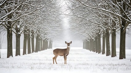 Deer standing alone in snowy forest landscape with trees