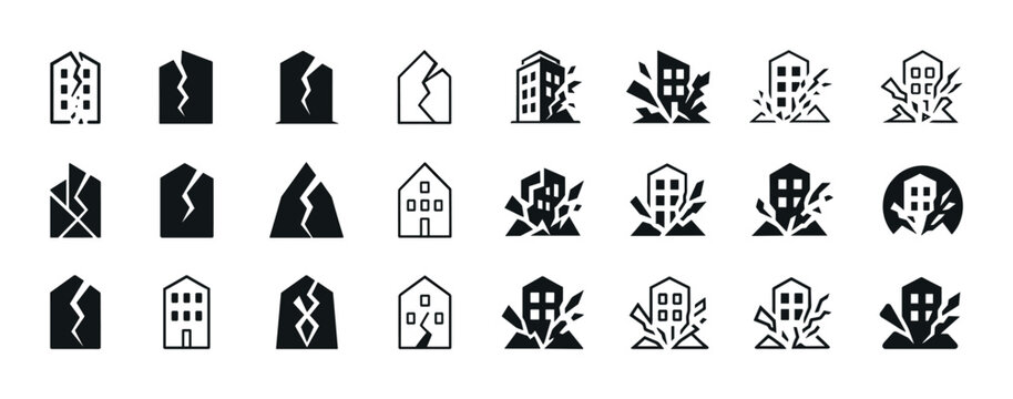 Earthquake damaged buildings icon set