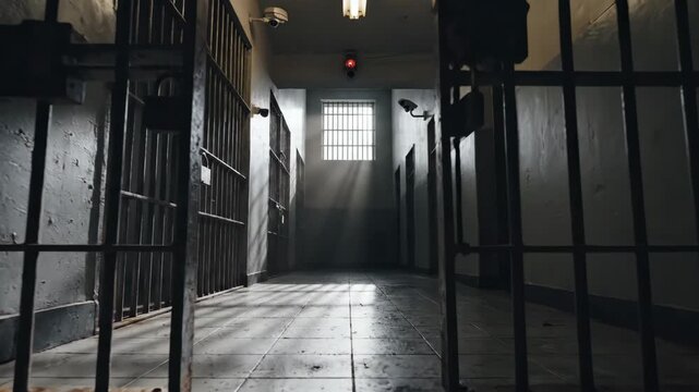 Dark Prison Corridor With Open Cells and Light Rays Shining Through Window