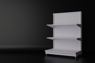 Metal gondola shelving unit for supermarket or retail store display, industrial and clean design. On dark background, 3D Rendering. © P24_Design