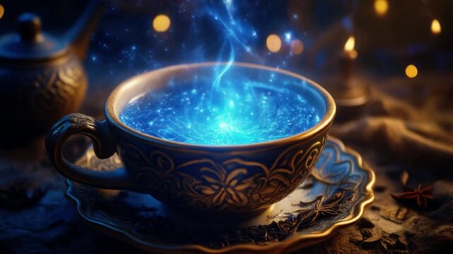 Professional 3D render of a luminous mystical beverage featuring ethereal blue fluid and shimmering stardust particles.