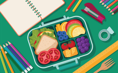 A healthy lunchbox with nutritious food surrounded by colorful stationery on a green background