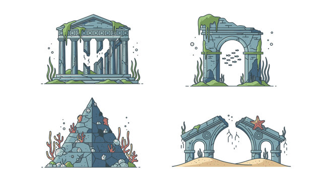 Underwater Ancient Ruins Illustration Featuring Temples and Structures in Various States of Deterioration