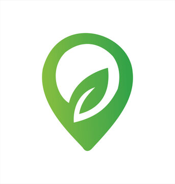 A green gradient map pointer icon combined with a negative space leaf, perfect for eco-tourism, organic local food, or environmental locations.