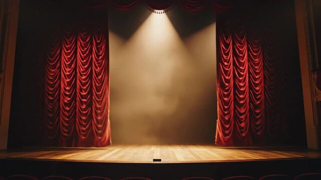 Empty stage lit by spotlights with red curtains and wooden floor