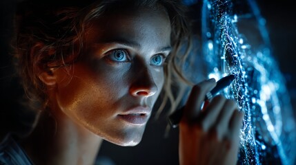 Focused engineer designs next-gen tech interface with glowing blue light, innovation, science, technology, future concepts, stunning, professional