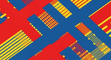Vibrant abstract geometric pattern with red, blue, and yellow shapes creating dynamic visual texture