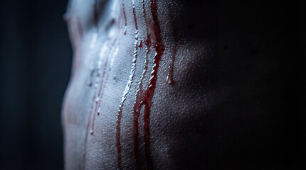 Cinematic close-up of blood and sweat drops flowing on male skin in the dark. Concept of severe physical suffering, the Passion of Christ and the agony of crucifixion.