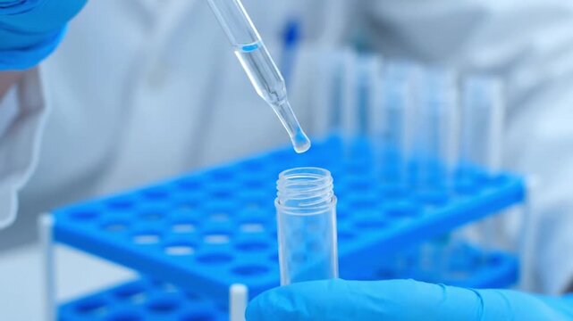 Scientist in lab coat and blue gloves carefully dropping liquid into test tube with pipette with research and experiment and science and medical