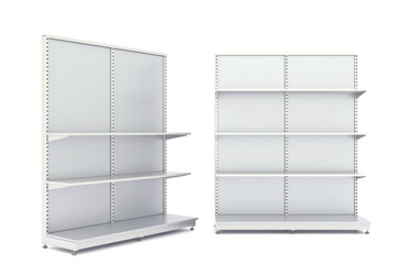 Metal gondola display shelves for supermarket or retail store product showcases. Industrial and minimalist design, 3D rendering. © P24_Design