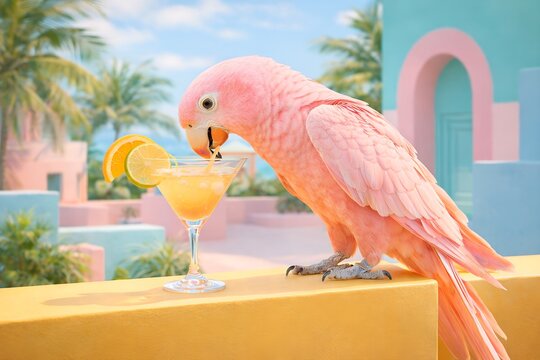 Pink parrot with tropical cocktail on pastel table in summer resort setting