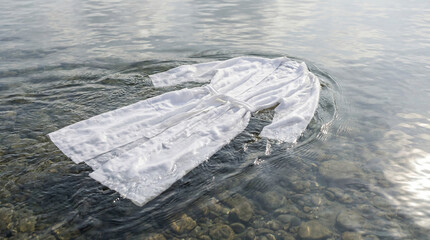 White robe floating in water. Religious baptism concept symbolizing purity and cleansing. Wet garment on lake surface
