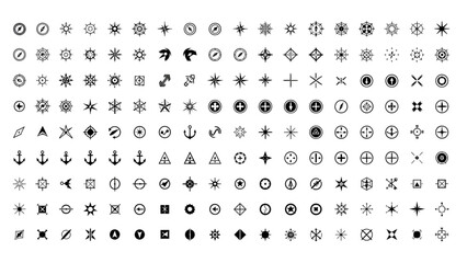 Fototapeta premium Nautical and celestial icons set with compass stars anchor symbols and maritime navigation elements