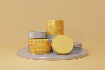 Stack of gold and silver coins, concept of finance, investment, savings, and wealth growth. 3D rendering.