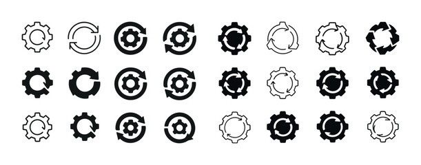 Set of gear and circular arrow icons in various styles
