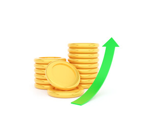 Stacked gold coins and upward arrow symbolizing financial growth, investment success, profit and business increase, 
3D rendering.