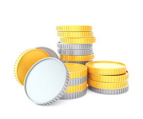 Stack of gold and silver coins, concept of finance, investment, savings, and wealth growth. 3D rendering.