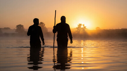 Silhouette of two men wading in a river at sunrise. Biblical scene representing the baptism of Jesus by John the Baptist with a wooden staff. Religious spiritual concept with golden light and mist