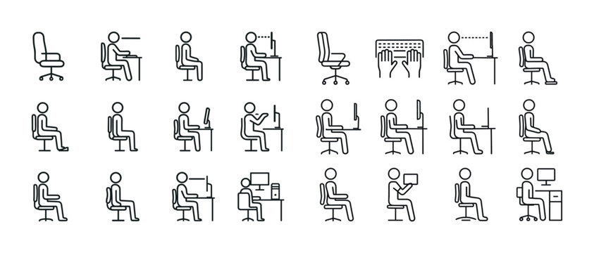 Ergonomic office chair and desk positions illustrated for optimal posture