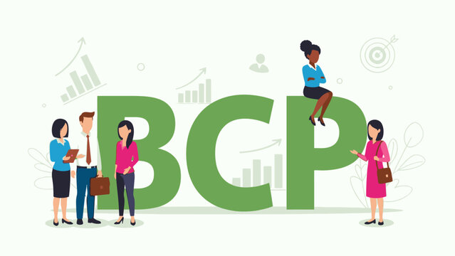 Business professionals gathered around large green letters BCP with graphs and charts in a modern office environment from a high viewpoint