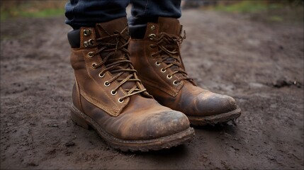 Close up view of rugged worn brown leather work boots covered in mud standing on a wet dirty outdoor path