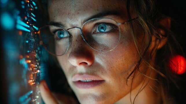 Intense gaze of a young woman with glasses examining complex data on screen, focused on innovation and technology, perfect for science and research visuals - Powered by Adobe