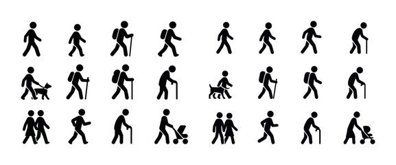 Obraz premium Silhouette icons of walking figures with various activities and accessories