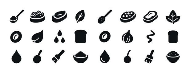 Minimalist black food and cooking icons set with spoon, steak, leaf, and bread elements